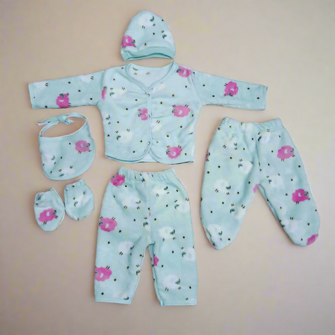 Six pieces Baby Suit For Winter sea green sheep