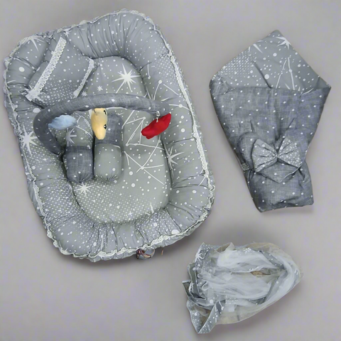 6 Pieces Rattle snuggle grey stars polka