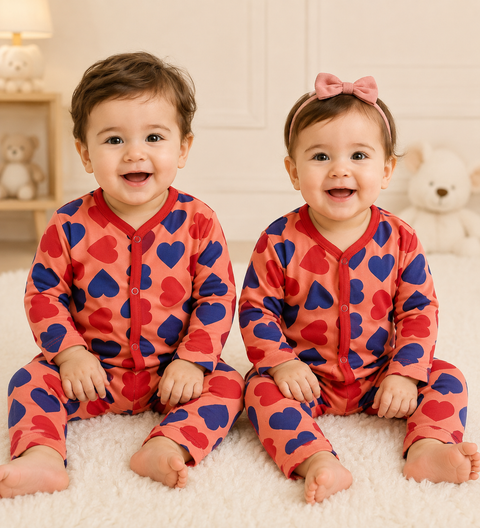 Winter Night Suit Orange Red Blue Hearts
