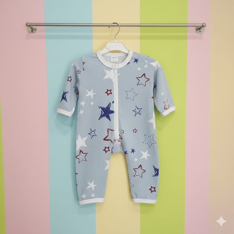 Baby Romper cotton jersey zipper Grey multi stars