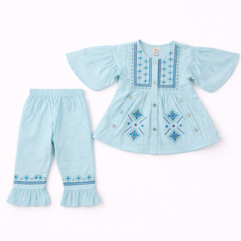 P&P - 2 Pieces - Frock Set - Light Blue - Embroidered Buttoned
