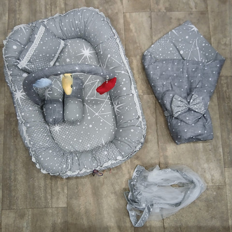 6 Pieces Rattle snuggle grey stars polka