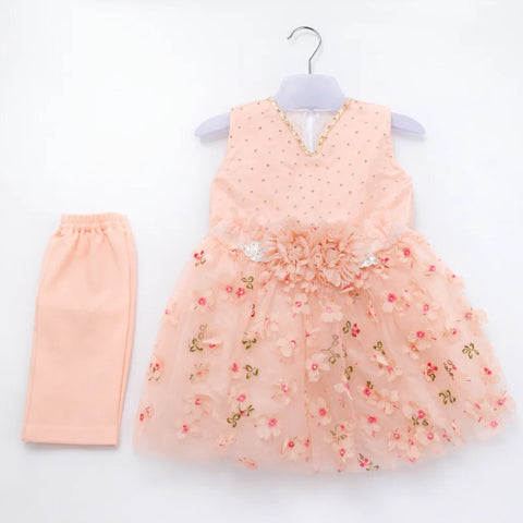 Fancy - 2 Pieces - Frock Set - Peach - Flowers - 0790