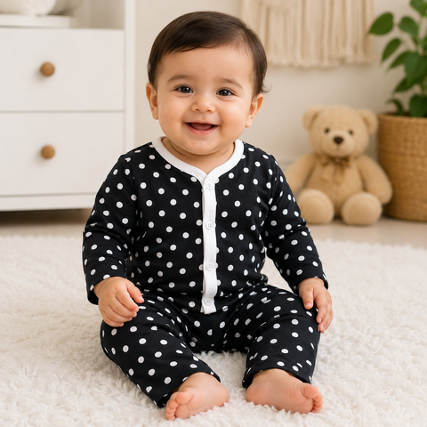 Winter Night Suit Black White Polka