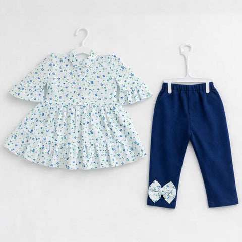 EF - 2 Pieces - Frock Set - White - Flowers - 0679