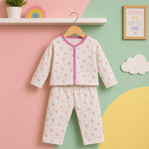 Winter Night Suit White pink small Flower
