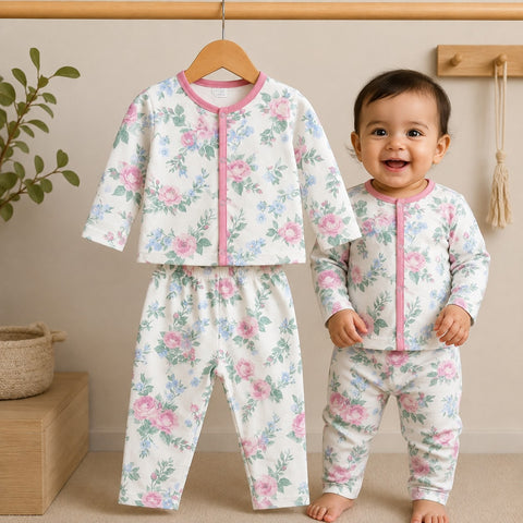 Winter Night Suit White pink Flower
