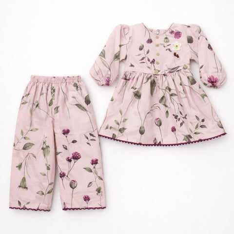 GA - 2 Pieces - Frock Set - Pink - Flower & Leaves