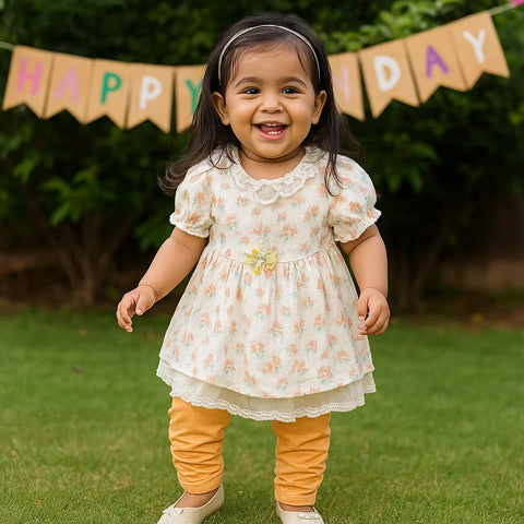 Net Frock - Flowers - Peach