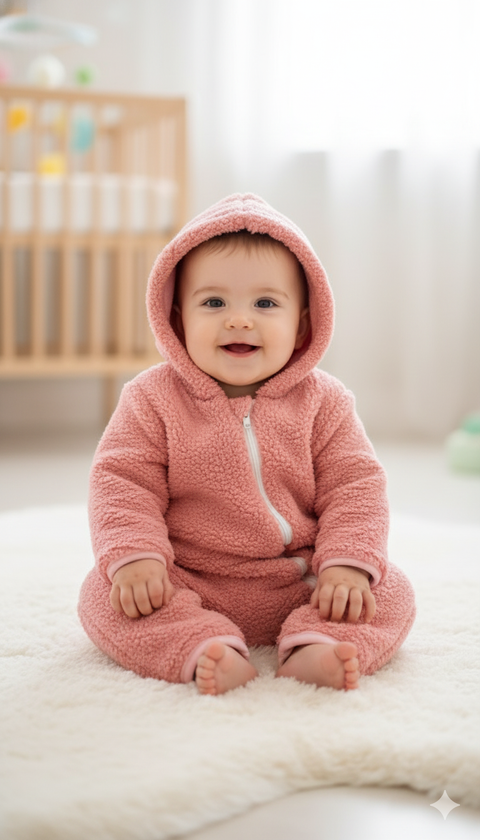Warm & cozy Baby Romper hooded fur pink
