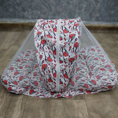 Mosquito net white red sparrow