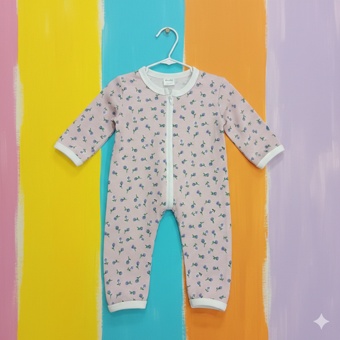Baby Romper cotton jersey zipper baby pink flower