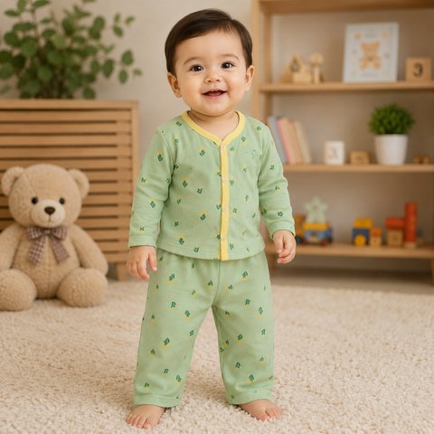 Winter Night Suit Green Yellow Flower