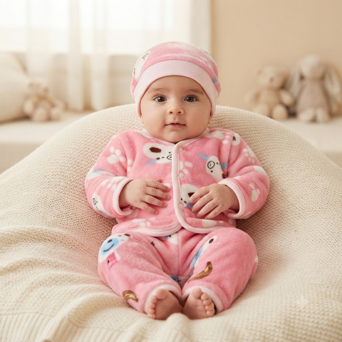 3 Pieces Baby Suit For Winter Pink Bear