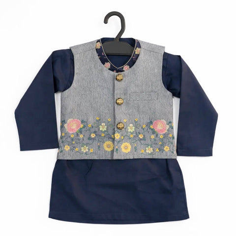 WG - 3 Pieces - Wash N Wear - Waist Coat Kurta Shalwar - Blue - Floral Pattern (0-6 Months)
