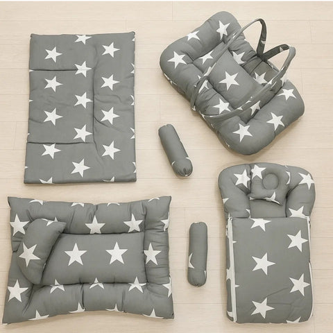 8 Pieces Baby Bedding Grey With White Big Stars
