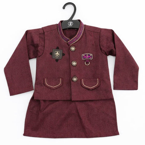 SM - 3 Pieces - Wash N Wear - Waist Coat Kurta Shalwar - Maroon - Square (0-6 Months)