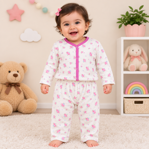 Winter Night Suit White pink small Flower