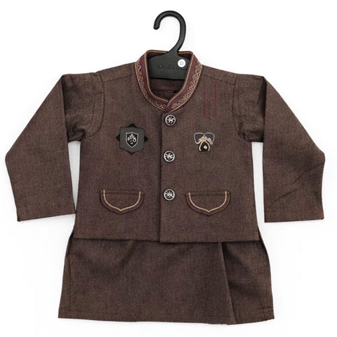 SM - 3 Pieces - Wash N Wear - Waist Coat Kurta Shalwar - Chocolate - Square (0-6 Months)