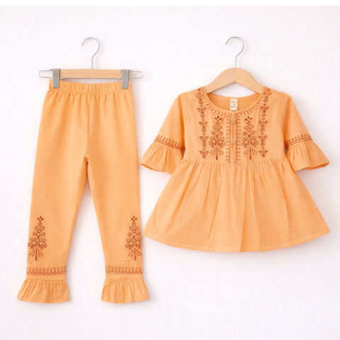 P&P - 2 Pieces - Frock Set - Peach - Embroidered Pattern