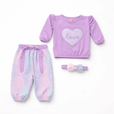 O Baby - 3 Pieces - Suit Set - Purple - Glowing Heart