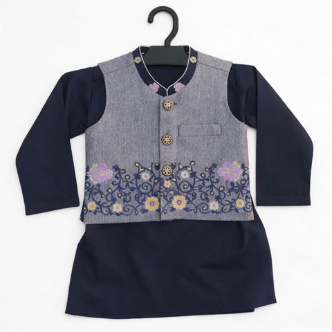 WG - 3 Pieces - Wash N Wear - Waist Coat Kurta Shalwar - Navy - Floral Pattern (0-6 Months)