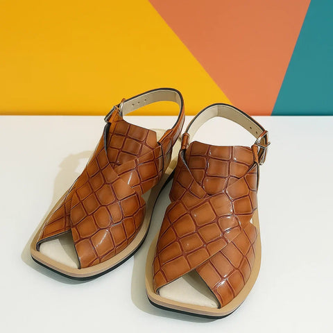Peshawari Chappal - Mustard Crocodile - 01