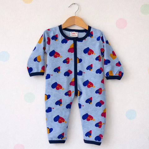Baby Romper cotton jersey zipper Blue Hearts