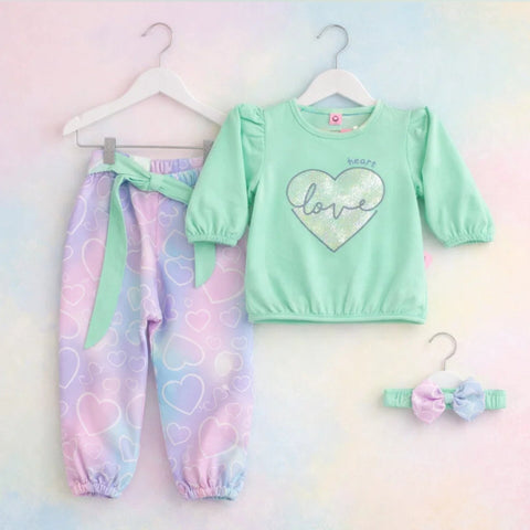 O Baby - 3 Pieces - Suit Set - Green - Glowing Heart
