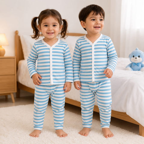 Winter Night Suit Sky Blue White Stripes