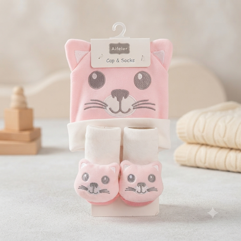 Cap Set grey white pink cat